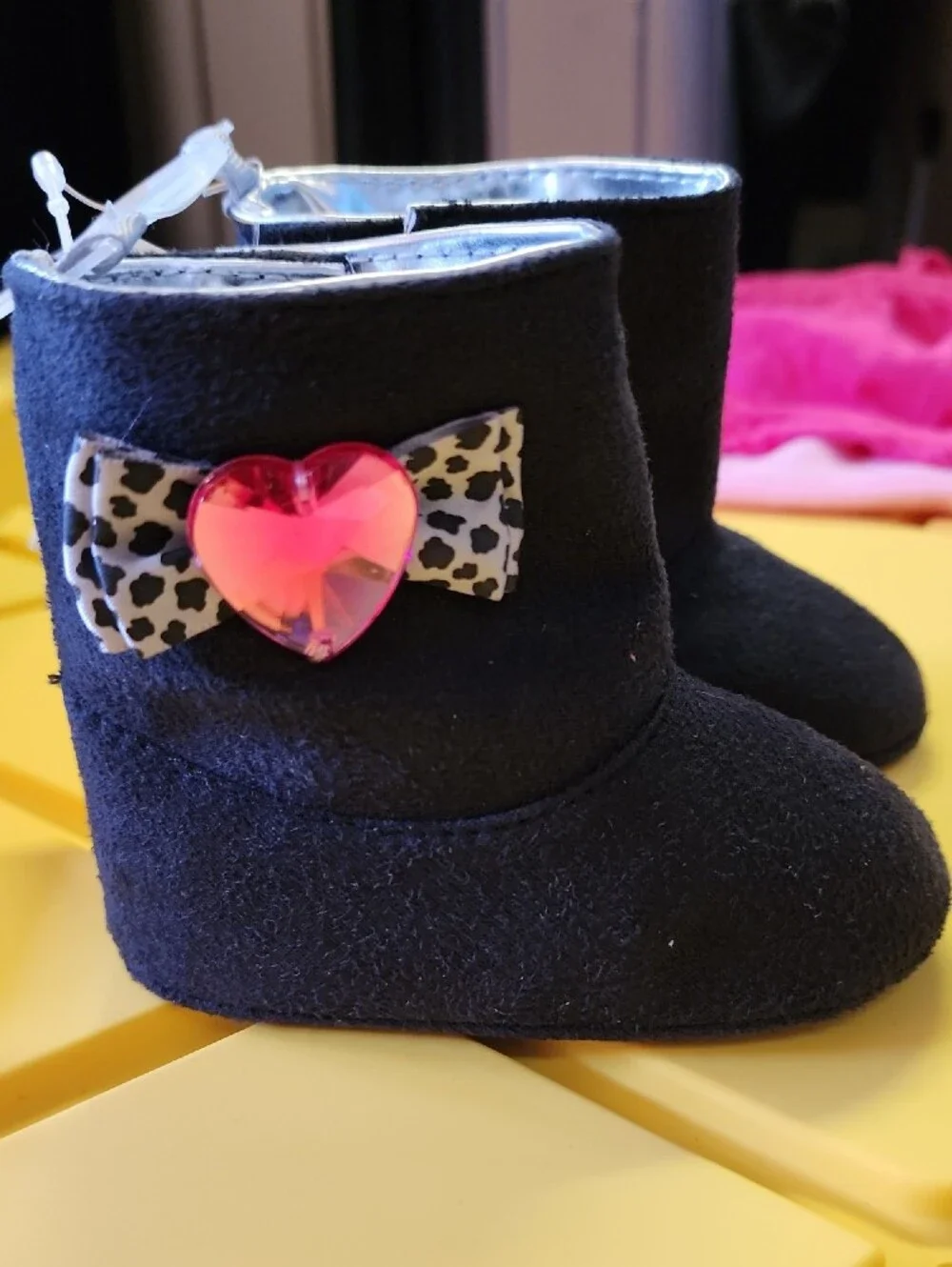 Black Baby Booties with Heart Accent - Baby Toddler Boot Shoes Size 4  9-12 Mths